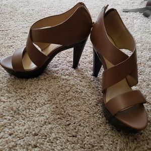 Brown Michael Kors Heals with zipper backs, crossed straps